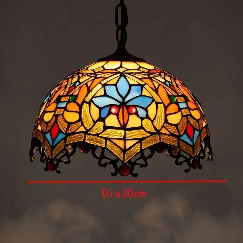 Lampada a sospensione Tiffany in vetro ambrato con decorazioni floreali, 30 cm