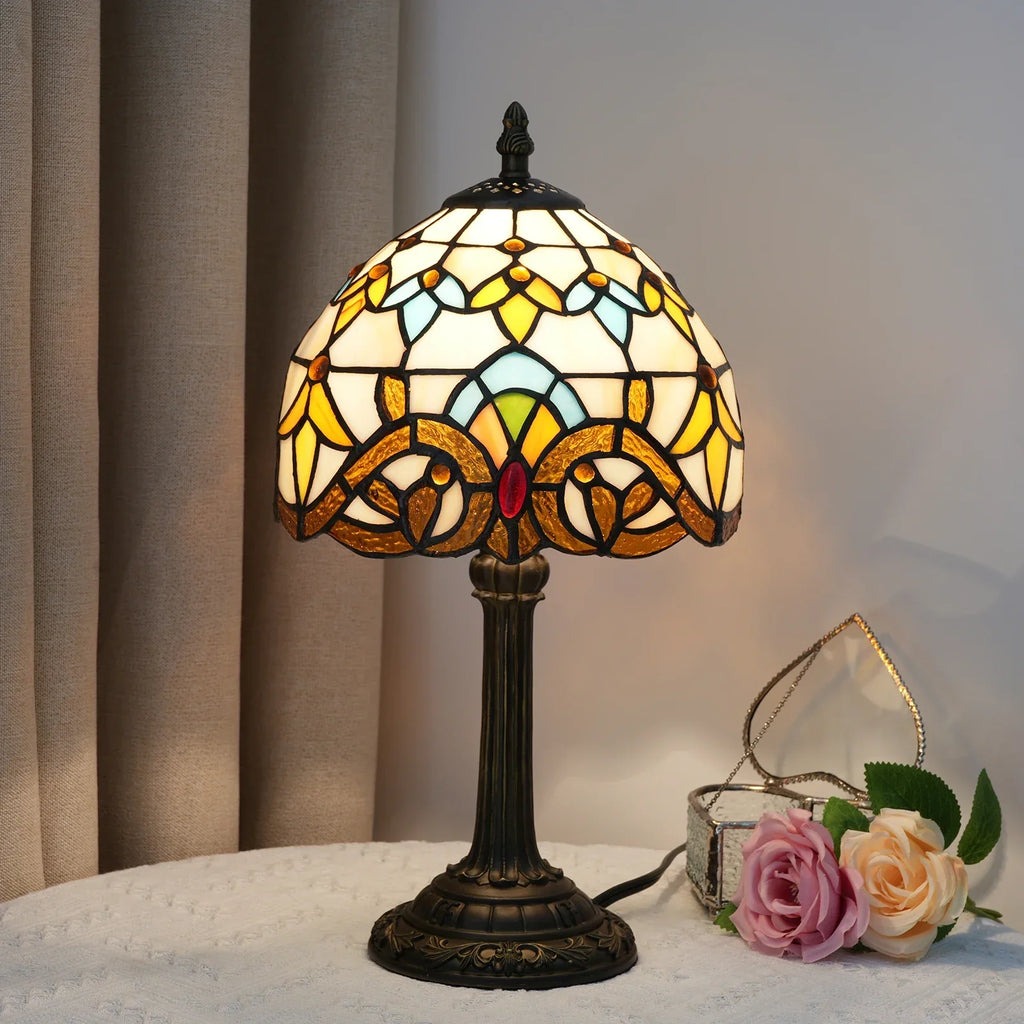 Lampada da tavolo Tiffany in vetro colorato giallo e blu