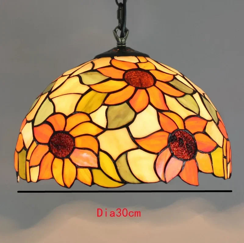 Lampada a sospensione con motivo a girasole in vetro colorato, diametro 30 cm