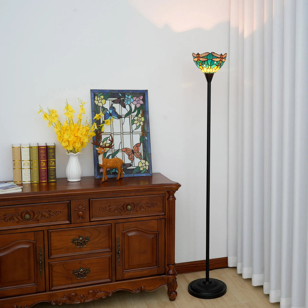 Lampada da terra a forma di libellula in vetro colorato in stile Tiffany