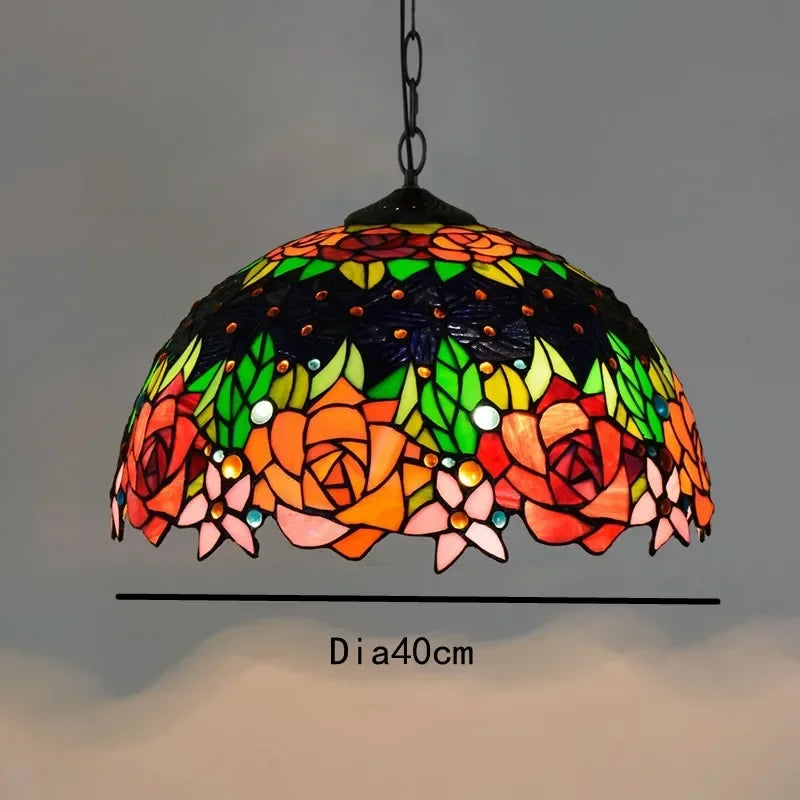 Lampada a sospensione in vetro colorato stile Tiffany con rose multicolori, Ø40cm