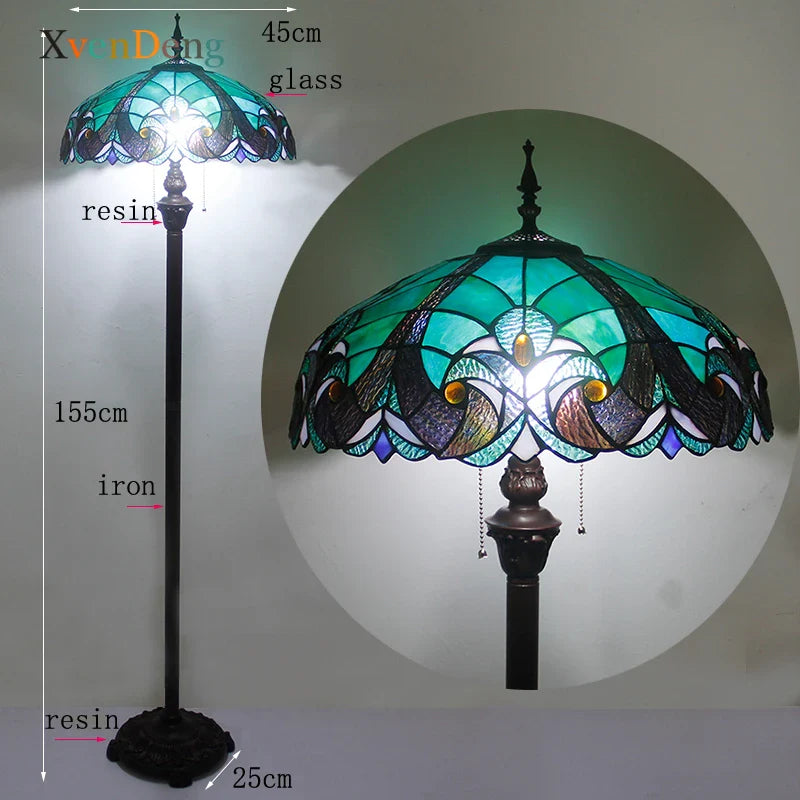 Lampada da terra in stile Tiffany con vetri colorati turchesi