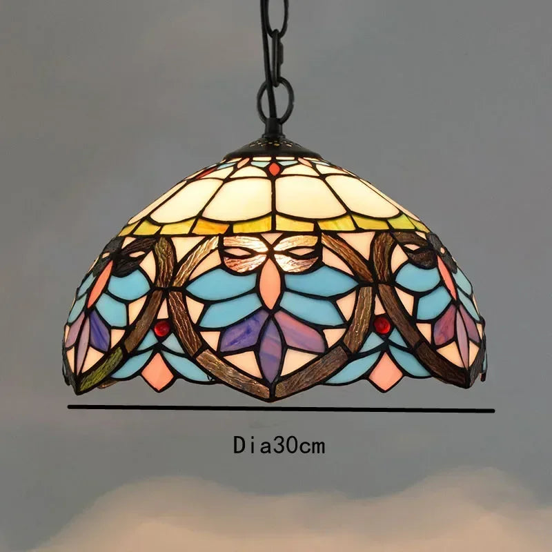 Lampada a sospensione Tiffany in vetro colorato con motivi di farfalle blu