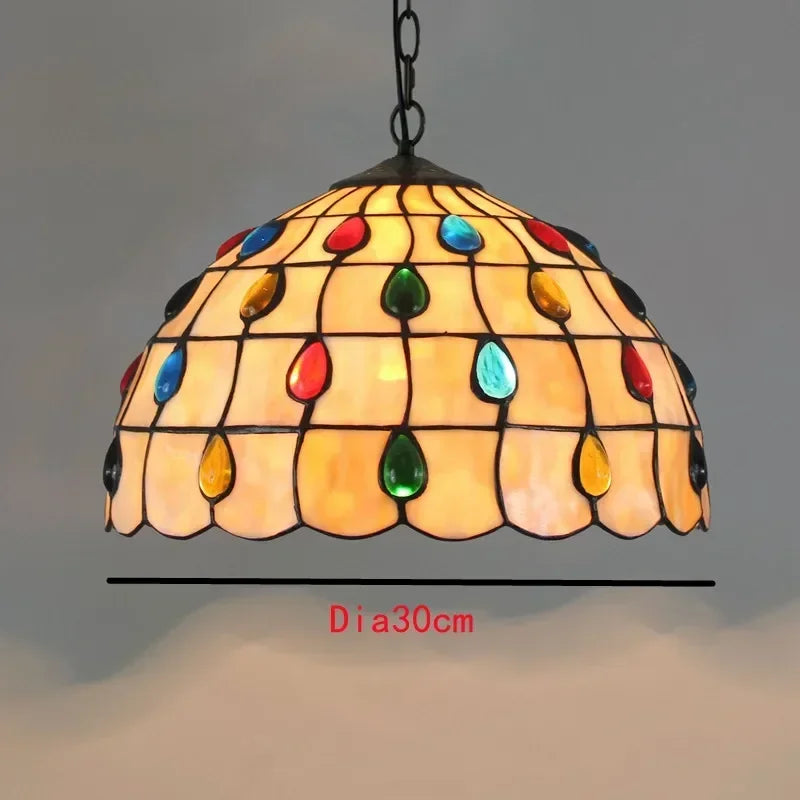 Lampada a sospensione in stile Tiffany in vetro colorato con cabochon, 30 cm