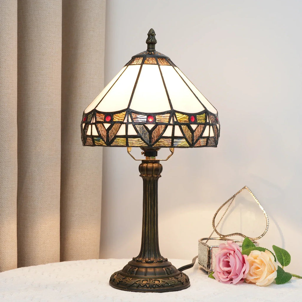 Lampada da comodino geometrica in vetro colorato, stile Tiffany, bronzo