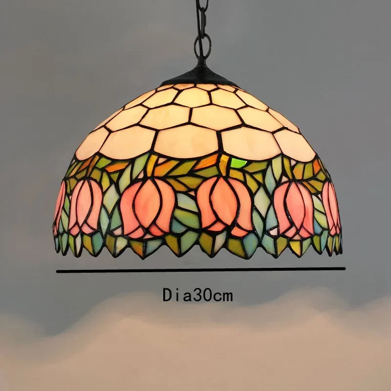 Lampada a sospensione in stile Tiffany con tulipani in vetro rosa, 30 cm