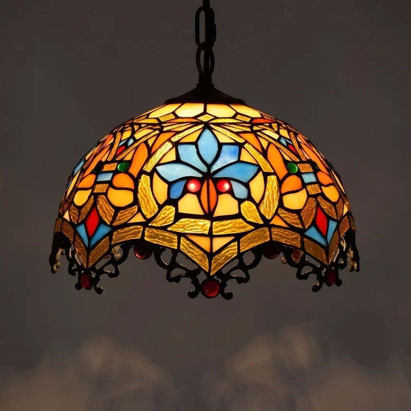 Lampada a sospensione in stile Tiffany con gemme d'ambra