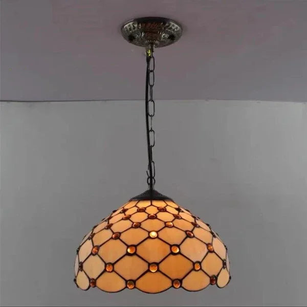 Lampada a sospensione in stile Tiffany con gemme d'ambra