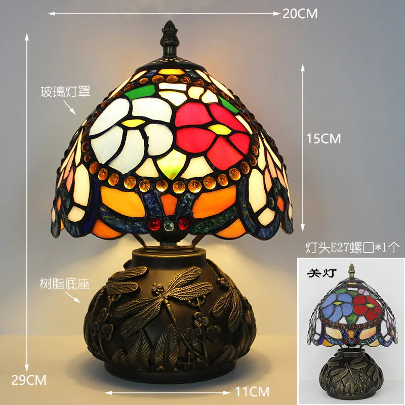 Lampada da tavolo in vetro colorato multicolore con base a forma di libellula