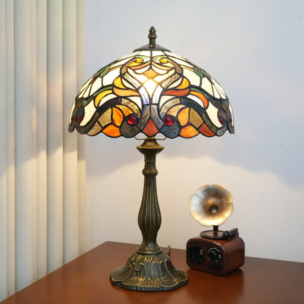 Lampada da tavolo Tiffany in vetro colorato ambrato e rosso
