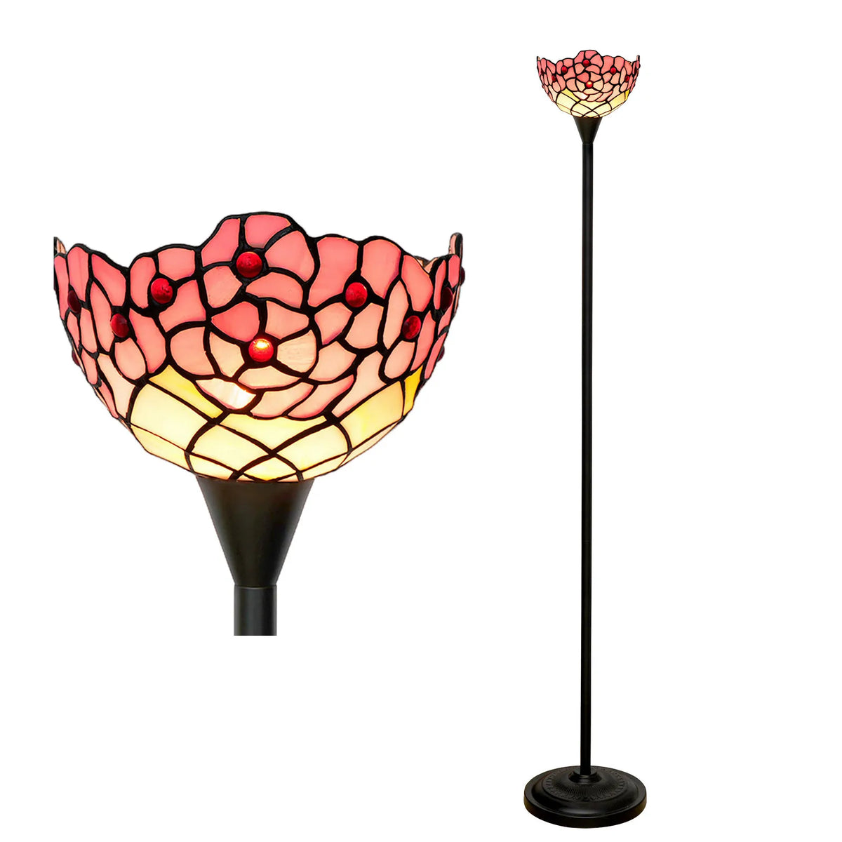 Lampada da terra Tiffany con motivi floreali in vetro giallo e arancione.