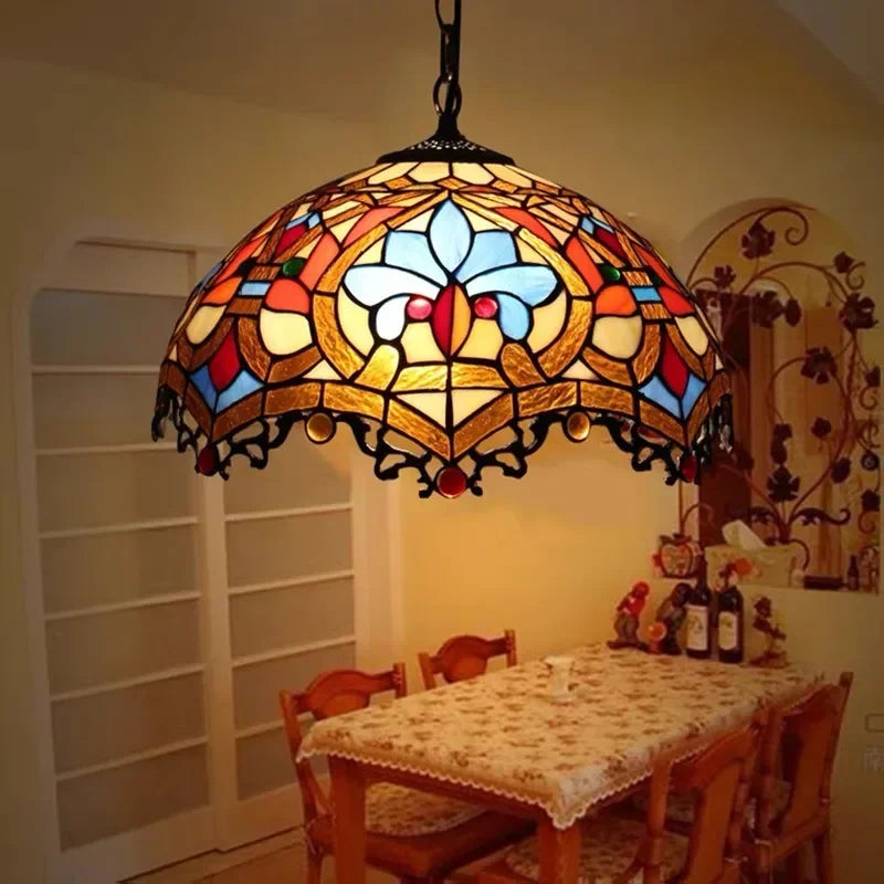 Lampada a sospensione Tiffany in vetro ambrato con decorazioni floreali, 30 cm