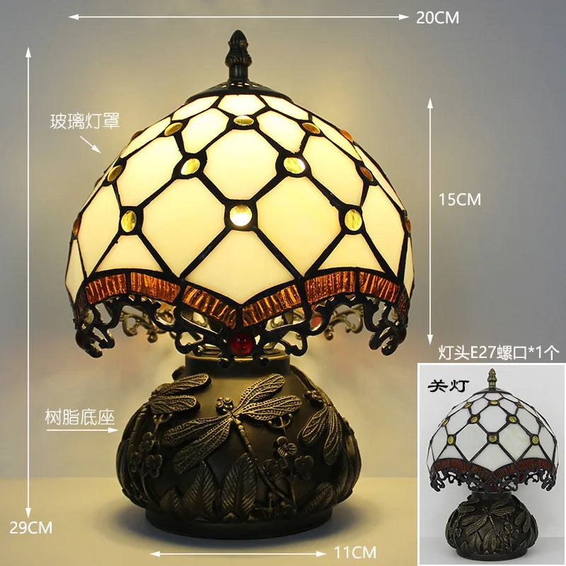 Lampada da tavolo Tiffany con libellule in vetro colorato